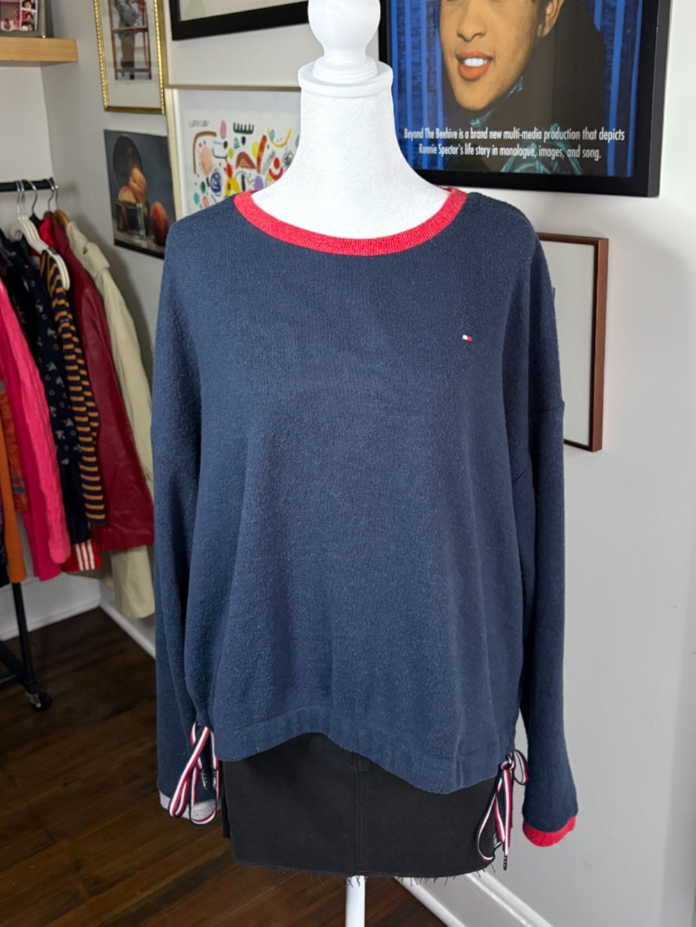 Tommy Hilfiger Navy Crewneck Sweater with Red & Gray Accents